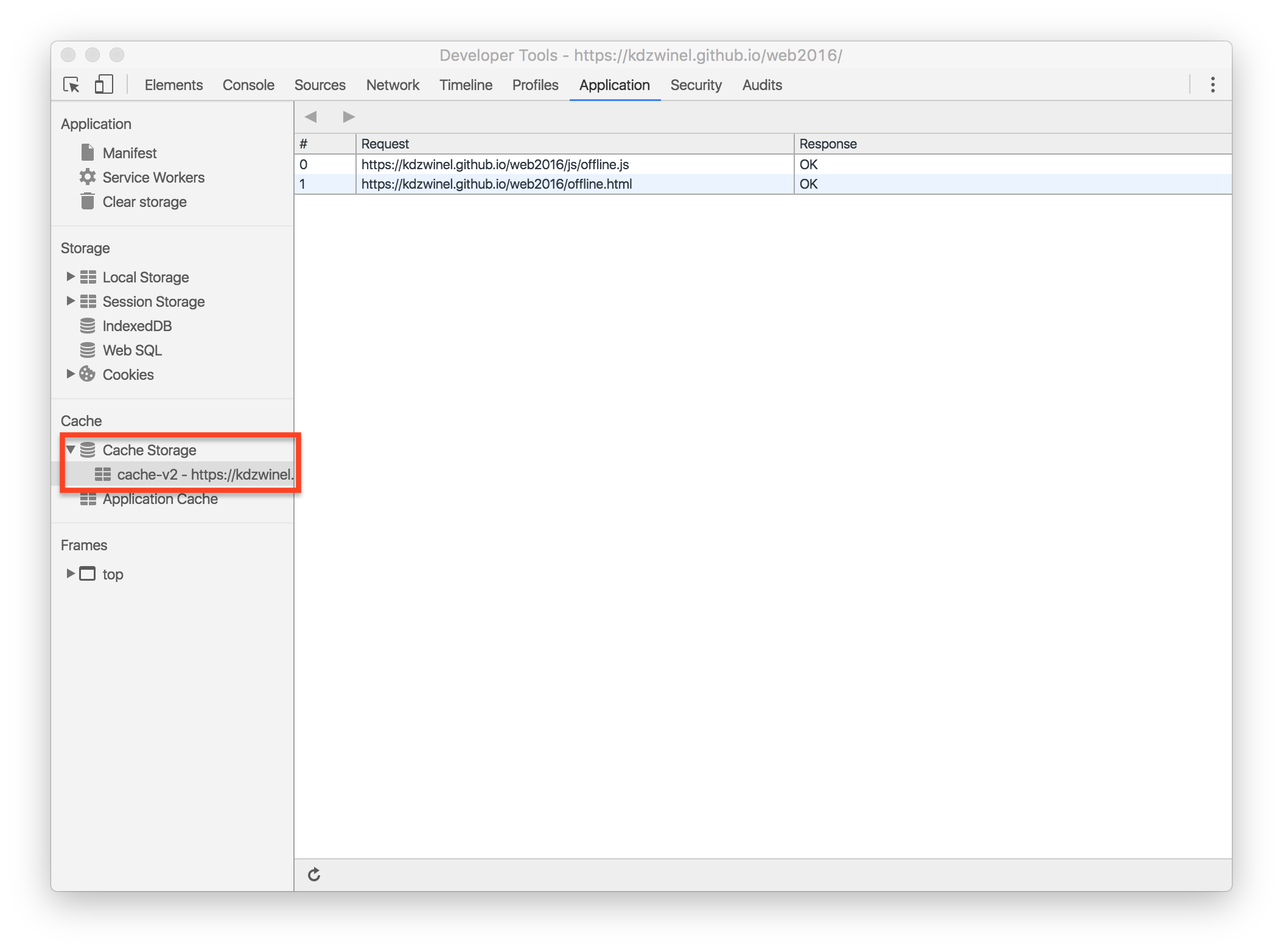 DevTools Application Cache tab